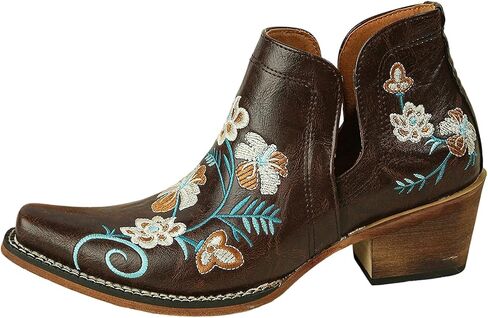 Women's Western Short Boot Floral Embroidery Ethnic Cowgirl Booties Snip Toe Stacked Heel Cutout Ankle Boots in Saudi Arabia