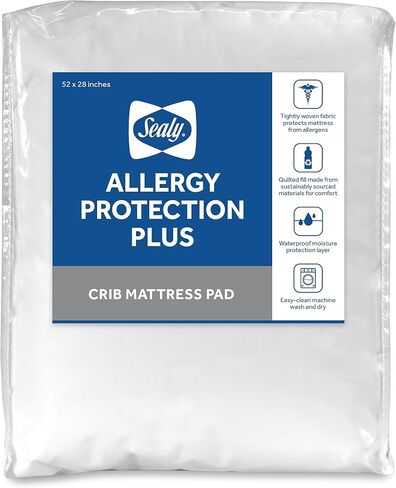 Sealy Baby Allergy Protection Plus Fitted Waterproof Infant Crib Mattress Protector Pad and Toddler Bed Cover, Durable & Comfortable Topper, Machine Washable and Dryer Friendly, 52" x 28"- White in Kuwait