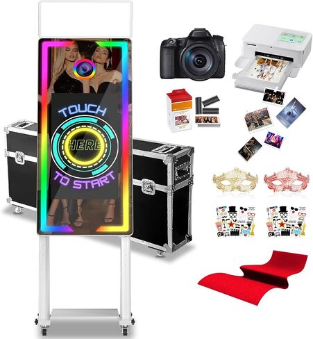Magic Mirror Photo Booth with Printer and Camera,45" Photo Mirror Booth with 22" Touch Screen Built-in PC,Music Sync Remote RGB Lights,Flight Case,Instant Print and Share for Parties Events in Saudi Arabia
