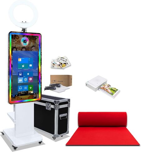 Mirror Photo Booth Machine with 32in Interactive Touch Screen and Flight Case,Built-in Mini Computer,Instant Printing Magic Mirror Photo Booth for Birthday, Wedding Party Events (Machine + Full Set) in Kuwait