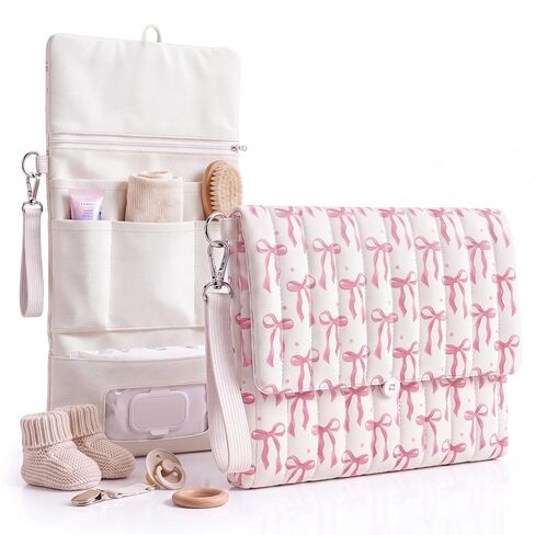 Quilted Pink Bow Baby Wipe Holder Fabric Foldable Diaper Bag Organizer with Handle Portable Wet Wipes Pouch for Baby Travel Home Car Stroller in Saudi Arabia