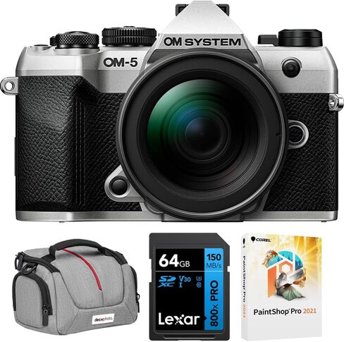 OM SYSTEM Olympus OM-5 Mark II 12-45mm Pro Lens Kit in Silver V210071SU000 Bundle with Camera Bag for DSLR and Mirrorless Cameras, Lexar 64GB Memory Card and Corel Photo Video Suite PaintShop in Kuwait