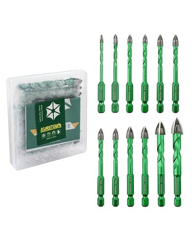 10 PCS Masonry Drill Bits Set - KURSTOL 1/8" 5/32" 3/16"*2 1/4" 2 5/6"*2 3/8" 1/2" Concrete Drill Bit for Wood Plastic Masonry Brick Glass Tile Marble, Cross Tungsten Carbide Tip, Quick-fit Hex Shank in Kuwait