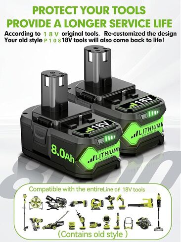 2Pack Upgrade 8000mAh Replacement for Ryobi 18V Battery P108 P102 P103 P104 P105 P107 P109 P190 P191 P122 Compatible with 18 Volt ONE+ System Cordless Power Tools in Kuwait