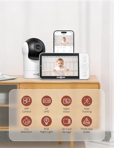 PARIS RHÔNE Video Baby Monitor, 2K UHD WiFi Camera, Night Vision, 5" Smart Baby Monitor with App Control, Motion and Cry Detection, AI Tracking, Three-Way Audio, RGB Night Light, Lullabies in Saudi Arabia