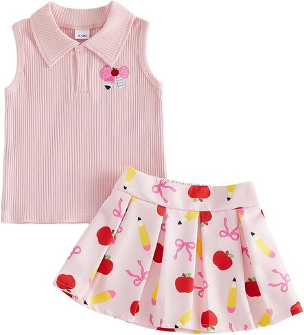 Toddler Back To School Outfit Girls Lapel Tank Pleated Skirt Set | Toddler Back To School Outfit Baby Girls Pre K First Day Of School Lapel Tank Vest Pleated Skirt 2Pcs Summer Clothes in Saudi Arabia