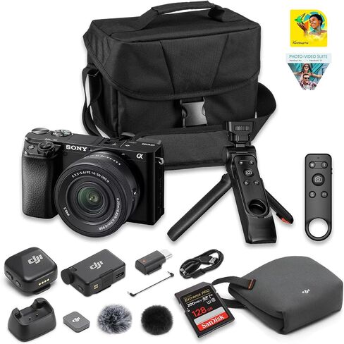 كاميرا Sony a6100 بدون مرآة مع عدسة II مقاس 16-50 مم ونظام DJI Mic Mini اللاسلكي | 24.2 ميجابكسل APS-C، 4K، 0.02 ثانية للتركيز البؤري التلقائي بالعين في الوقت الحقيقي | حزمة Creator: بطاقة سعة 128 جيجابايت، وحقيبة + برنامج Corel in Saudi Arabia