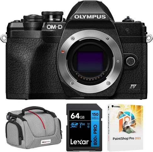 OM Systems Olympus OM-D E-M10 Mark IV 20MP Digital Camera Body Black V207130BU000 Bundle with Deco Photo Camera Bag, Lexar Blue Series 64GB SDXC Memory Card and Corel Photo Video Suite PaintShop Pro in Kuwait
