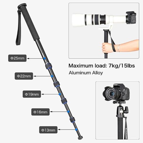 Koolehaoda مونوبود ألومنيوم مقاس 69 بوصة مع قاعدة حامل ثلاثي القوائم ورأس كروي لكاميرات DSLR | حامل دعم بطول 3 أقدام، ارتفاع قابل للتعديل، لكاميرا Canon Nikon DSLR، مونوبود تصوير محمول للسفر، خفيف الوزن in Kuwait