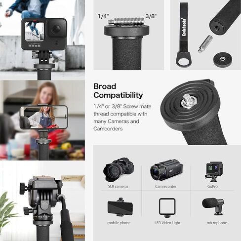 Koolehaoda مونوبود ألومنيوم مقاس 69 بوصة مع قاعدة حامل ثلاثي القوائم ورأس كروي لكاميرات DSLR | حامل دعم بطول 3 أقدام، ارتفاع قابل للتعديل، لكاميرا Canon Nikon DSLR، مونوبود تصوير محمول للسفر، خفيف الوزن in Kuwait