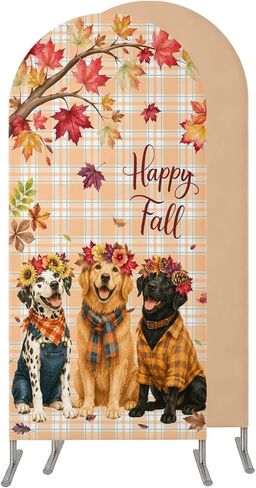 Happy Fall Wedding Arch Cover,Stretchy Spandex Arch Backdrop Stand Covers 6.6 FT,Cute Dogs Maple Leaves Branch Thanksgiving Round Top Arched Backdrop Cover for Birthday Party Ceremony Baby Shower in Kuwait