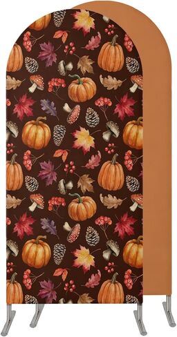 Pumpkins Fall Wedding Arch Cover,Stretchy Spandex Arch Backdrop Stand Covers 6 FT,Thanksgiving Maple Leaves Mushroom Rustic Round Top Arched Backdrop Cover for Birthday Party Ceremony Baby Shower in Kuwait