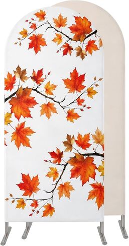 Thanksgiving Fall Wedding Arch Cover,Stretchy Spandex Arch Backdrop Stand Covers 4 FT,Autumn Orange Maple Leaves Branches Round Top Arched Backdrop Cover for Birthday Party Ceremony Baby Shower Event in Kuwait