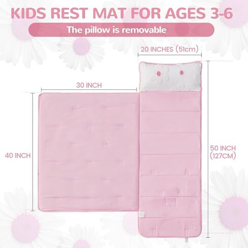 Toddler Nap Mats with Pillow and Blanket for Daycare Girls Boys Ages 3-6 | 50"x20" Tufted Daisies Flowers Toddler Nap Mat for Preschool,Daycare,Camping,Rollup Travel Slumber Bag for Kids Girls Boys in Kuwait