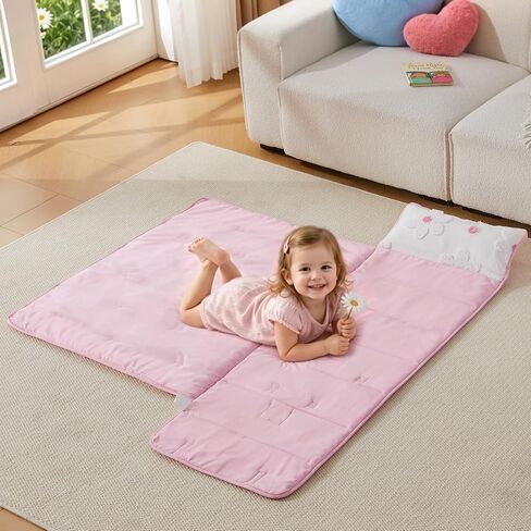 Toddler Nap Mats with Pillow and Blanket for Daycare Girls Boys Ages 3-6 | 50"x20" Tufted Daisies Flowers Toddler Nap Mat for Preschool,Daycare,Camping,Rollup Travel Slumber Bag for Kids Girls Boys in Kuwait