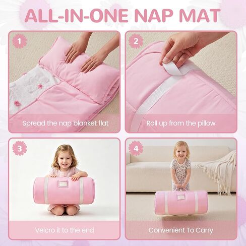 Toddler Nap Mats with Pillow and Blanket for Daycare Girls Boys Ages 3-6 | 50"x20" Tufted Daisies Flowers Toddler Nap Mat for Preschool,Daycare,Camping,Rollup Travel Slumber Bag for Kids Girls Boys in Kuwait