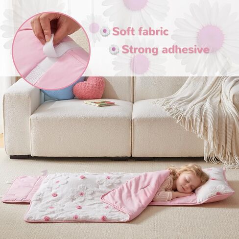 Toddler Nap Mats with Pillow and Blanket for Daycare Girls Boys Ages 3-6 | 50"x20" Tufted Daisies Flowers Toddler Nap Mat for Preschool,Daycare,Camping,Rollup Travel Slumber Bag for Kids Girls Boys in Kuwait