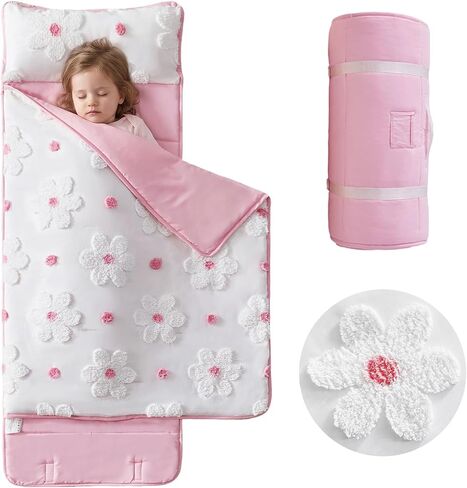 Toddler Nap Mats with Pillow and Blanket for Daycare Girls Boys Ages 3-6 | 50"x20" Tufted Daisies Flowers Toddler Nap Mat for Preschool,Daycare,Camping,Rollup Travel Slumber Bag for Kids Girls Boys in Kuwait