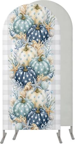 Thanksgiving Coastal Wedding Arch Cover,Stretchy Spandex Arch Backdrop Stand Covers 5 FT,Blue White Pumpkin Starfish Coral Check Round Top Arched Backdrop Cover for Birthday Party Ceremony Baby Shower in Kuwait
