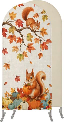 Boho Fall Squirrels Wedding Arch Cover,Stretchy Spandex Arch Backdrop Stand Covers 7.2 FT,Thanksgiving Autumn Harvest Pumpkins Round Top Arched Backdrop Cover for Birthday Party Ceremony Baby Shower in Kuwait