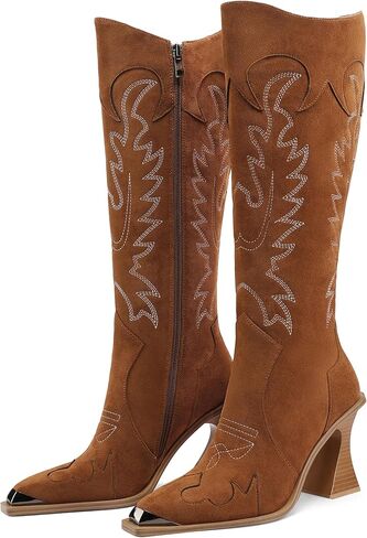 Women’s Taupe Pink Tall Western‑Fashion Knee‑High Boots, Owl‑Shape Metal Toe Cap, Sculpted Wood‑Look Block Heel, Feather‑Inspired Embroidery Cowgirl Boots with Side Zipper for Festival Party Daily Wear in Saudi Arabia