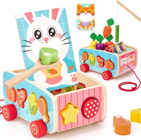 hahaland Montessori Toys 18 Month Old Girl Gifts, Wooden Toddler Toys 2-3 | Feeding Toy, Shape Sorter, Color Sorting, Magnetic Fishing, Pull Along, Fine Motor Skills Birthday Gifts in Saudi Arabia