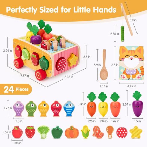 hahaland Montessori Toys 18 Month Old Girl Gifts, Wooden Toddler Toys 2-3 | Feeding Toy, Shape Sorter, Color Sorting, Magnetic Fishing, Pull Along, Fine Motor Skills Birthday Gifts in Saudi Arabia