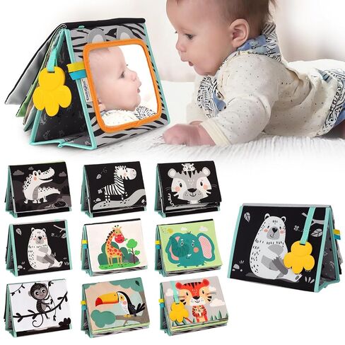 Tummy Time Mirror for Babies 0-6 Months | High Contrast Black & White Baby Book with Silicone Teether & Crinkle Pages | Sensory Newborn Tummy Time Toys in Kuwait