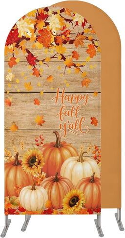 Orange Pumpkins Fall Wedding Arch Cover,Stretchy Spandex Arch Backdrop Stand Covers 6.6 FT,Thanksgiving Branches Maple Leaves Wood Round Top Arched Backdrop Cover for Birthday Party Event Baby Shower in Kuwait