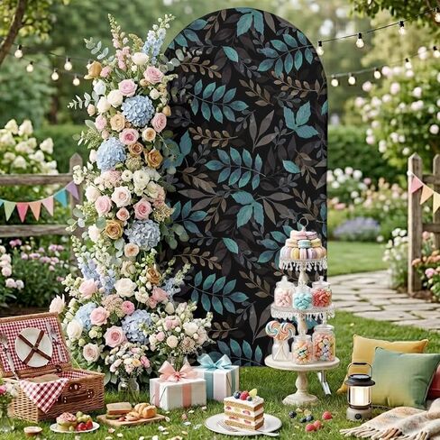 Teal Leaves Fall Wedding Arch Cover,Stretchy Spandex Arch Backdrop Stand Covers 7.2 FT,Thanksgiving Botanical Rustic Black Round Top Arched Backdrop Cover for Birthday Party Ceremony Baby Shower Event in Saudi Arabia