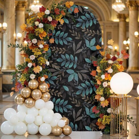Teal Leaves Fall Wedding Arch Cover,Stretchy Spandex Arch Backdrop Stand Covers 7.2 FT,Thanksgiving Botanical Rustic Black Round Top Arched Backdrop Cover for Birthday Party Ceremony Baby Shower Event in Saudi Arabia