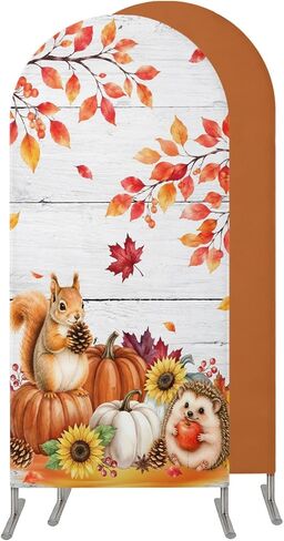 Thanksgiving Fall Wedding Arch Cover,Stretchy Spandex Arch Backdrop Stand Covers 4 FT,Squirrel Hedgehog Pumpkin Maple Grid Round Top Arched Backdrop Cover for Birthday Party Ceremony Baby Shower Event in Saudi Arabia