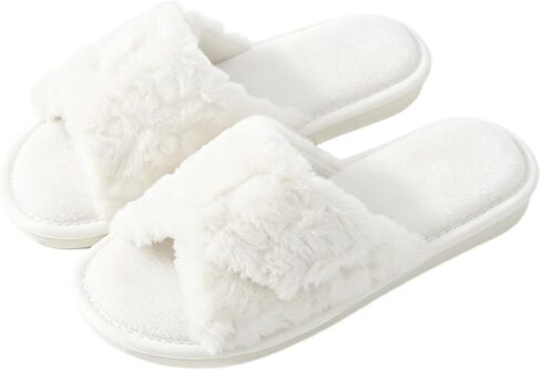 Slippers for Women, Open Toe Memory Foam House Shoes with Adjustable Strap, Cozy Faux Fur & Anti-Slip Indoor Outdoor TPR Soles in Saudi Arabia