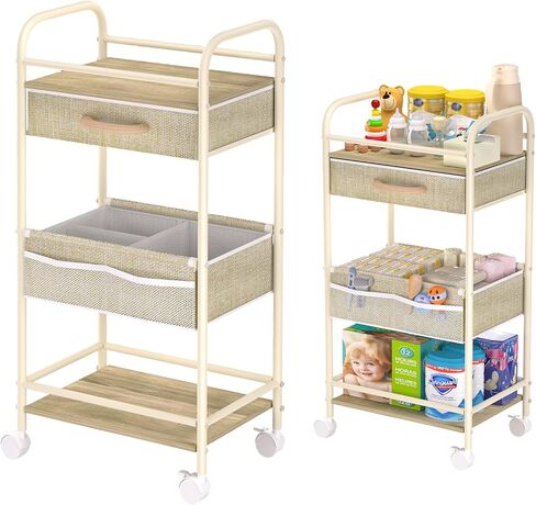 Baby Cart Organizer, Oxford Fabric Diaper Cart with Wooden Divider | Drawers and Removable Dividers Enable Flexible Storage, Multifunctional Diaper Caddy Cart Suitable for Indoor Nursery in Saudi Arabia
