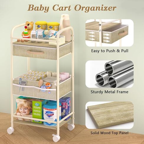 Baby Cart Organizer, Oxford Fabric Diaper Cart with Wooden Divider | Drawers and Removable Dividers Enable Flexible Storage, Multifunctional Diaper Caddy Cart Suitable for Indoor Nursery in Saudi Arabia