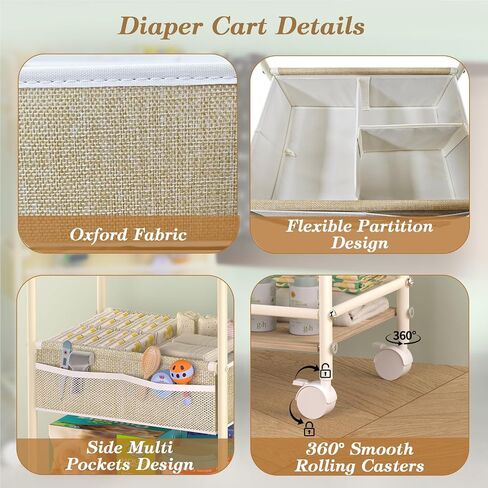 Baby Cart Organizer, Oxford Fabric Diaper Cart with Wooden Divider | Drawers and Removable Dividers Enable Flexible Storage, Multifunctional Diaper Caddy Cart Suitable for Indoor Nursery in Saudi Arabia