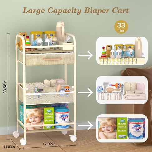 Baby Cart Organizer, Oxford Fabric Diaper Cart with Wooden Divider | Drawers and Removable Dividers Enable Flexible Storage, Multifunctional Diaper Caddy Cart Suitable for Indoor Nursery in Saudi Arabia
