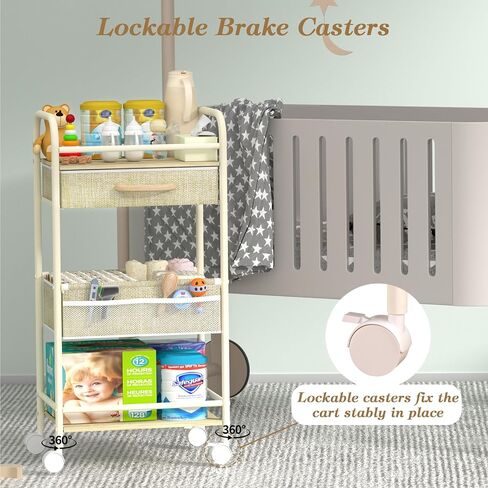 Baby Cart Organizer, Oxford Fabric Diaper Cart with Wooden Divider | Drawers and Removable Dividers Enable Flexible Storage, Multifunctional Diaper Caddy Cart Suitable for Indoor Nursery in Saudi Arabia
