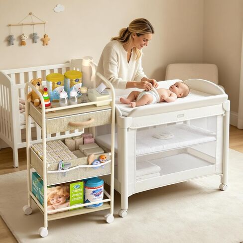 Baby Cart Organizer, Oxford Fabric Diaper Cart with Wooden Divider | Drawers and Removable Dividers Enable Flexible Storage, Multifunctional Diaper Caddy Cart Suitable for Indoor Nursery in Saudi Arabia