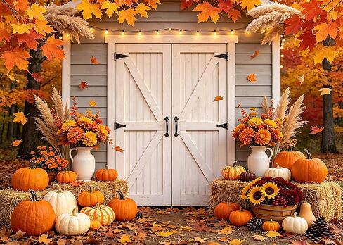 7x5FT Fall Backdrop Autumn Maple Leaves Pumpkin Floral Rustic Barn Door Photography Background for Baby Shower Thanksgiving Day Harvest Party Banner Decorations Supplies Photo Studio Props in Saudi Arabia