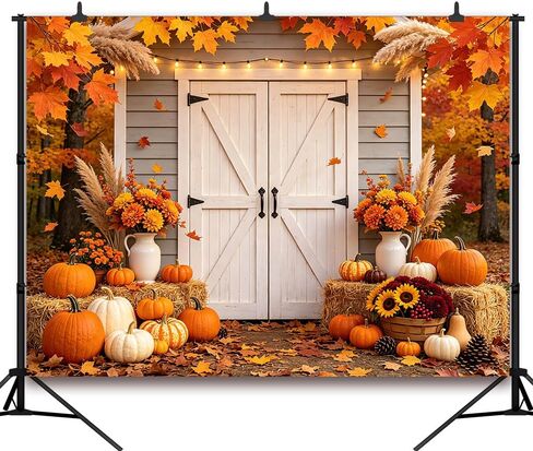 7x5FT Fall Backdrop Autumn Maple Leaves Pumpkin Floral Rustic Barn Door Photography Background for Baby Shower Thanksgiving Day Harvest Party Banner Decorations Supplies Photo Studio Props in Saudi Arabia