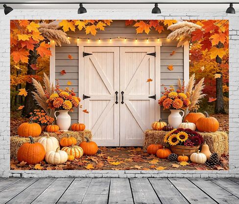 7x5FT Fall Backdrop Autumn Maple Leaves Pumpkin Floral Rustic Barn Door Photography Background for Baby Shower Thanksgiving Day Harvest Party Banner Decorations Supplies Photo Studio Props in Saudi Arabia