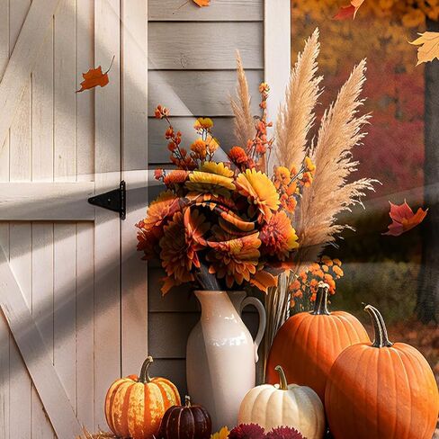 7x5FT Fall Backdrop Autumn Maple Leaves Pumpkin Floral Rustic Barn Door Photography Background for Baby Shower Thanksgiving Day Harvest Party Banner Decorations Supplies Photo Studio Props in Saudi Arabia