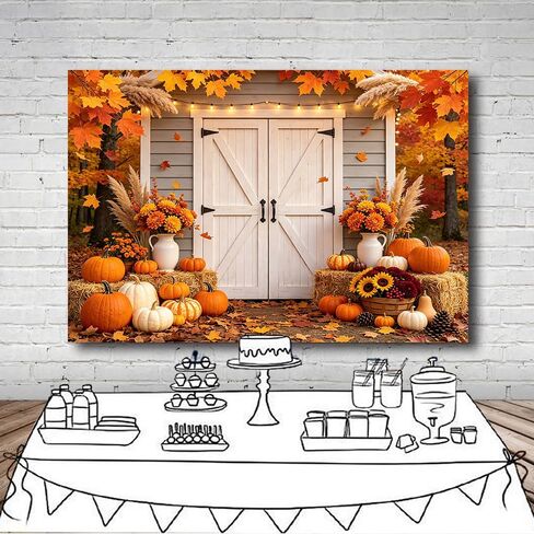 7x5FT Fall Backdrop Autumn Maple Leaves Pumpkin Floral Rustic Barn Door Photography Background for Baby Shower Thanksgiving Day Harvest Party Banner Decorations Supplies Photo Studio Props in Saudi Arabia