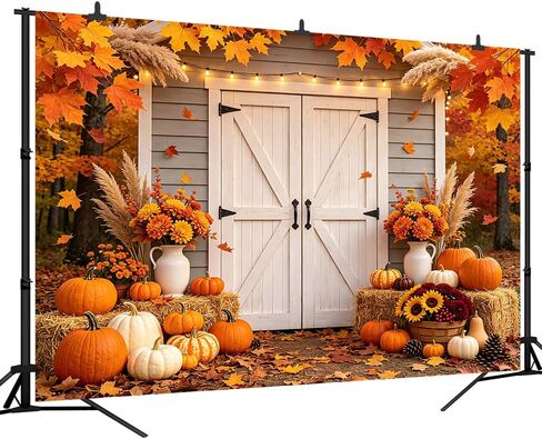 7x5FT Fall Backdrop Autumn Maple Leaves Pumpkin Floral Rustic Barn Door Photography Background for Baby Shower Thanksgiving Day Harvest Party Banner Decorations Supplies Photo Studio Props in Saudi Arabia