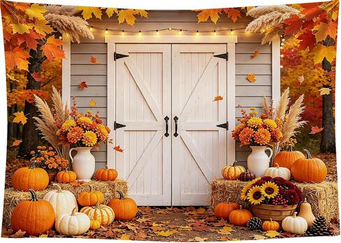 7x5FT Fall Backdrop Autumn Maple Leaves Pumpkin Floral Rustic Barn Door Photography Background for Baby Shower Thanksgiving Day Harvest Party Banner Decorations Supplies Photo Studio Props in Saudi Arabia