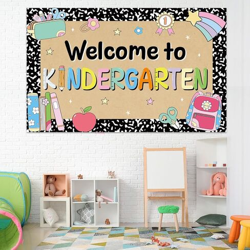 Back to School Backdrop Welcome to Kindergarten Classroom Banner Decoration 39x25 in Large First Day of School Party Composition Notebook Kraft Paint Paper for Classroom Teacher Office Decorations in Saudi Arabia