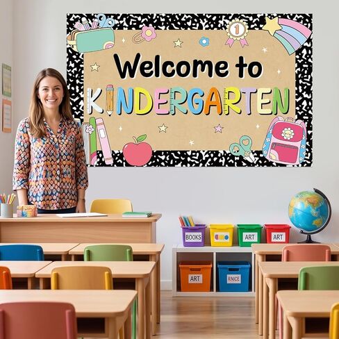 Back to School Backdrop Welcome to Kindergarten Classroom Banner Decoration 39x25 in Large First Day of School Party Composition Notebook Kraft Paint Paper for Classroom Teacher Office Decorations in Saudi Arabia