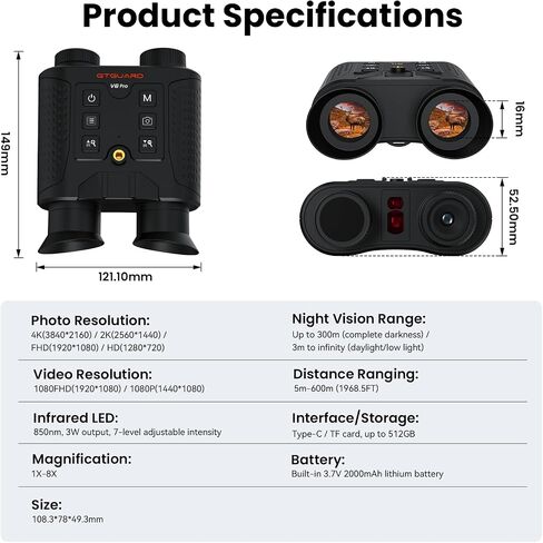 V6 Pro 4K Night Vision Binoculars Head Mounted with Rangefinder, 8X Digital Zoom Infrared Viewer, Rechargeable Night Vision Goggles with 512GB Support for Hunting in Saudi Arabia