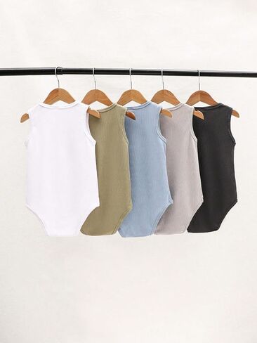 Baby Boys 5 Pack Solid Sleeveless Bodysuit Summer Clothes for 1-18M | One Piece Romper Outfit, Toddler Infant Basic Jumpsuit in Saudi Arabia